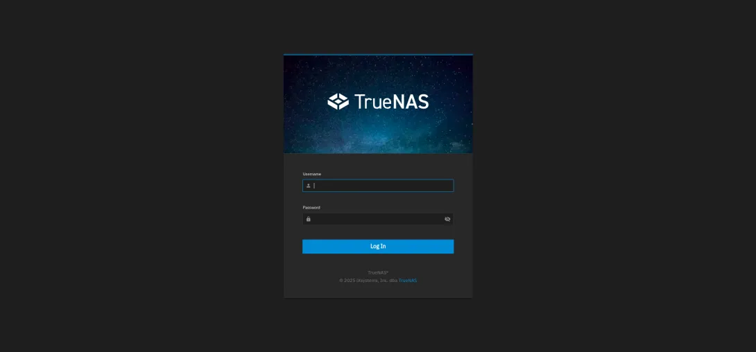 A login page. TrueNAS logo with username and password fields.