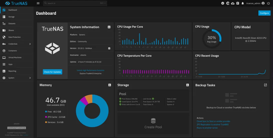 TrueNAS dashboard