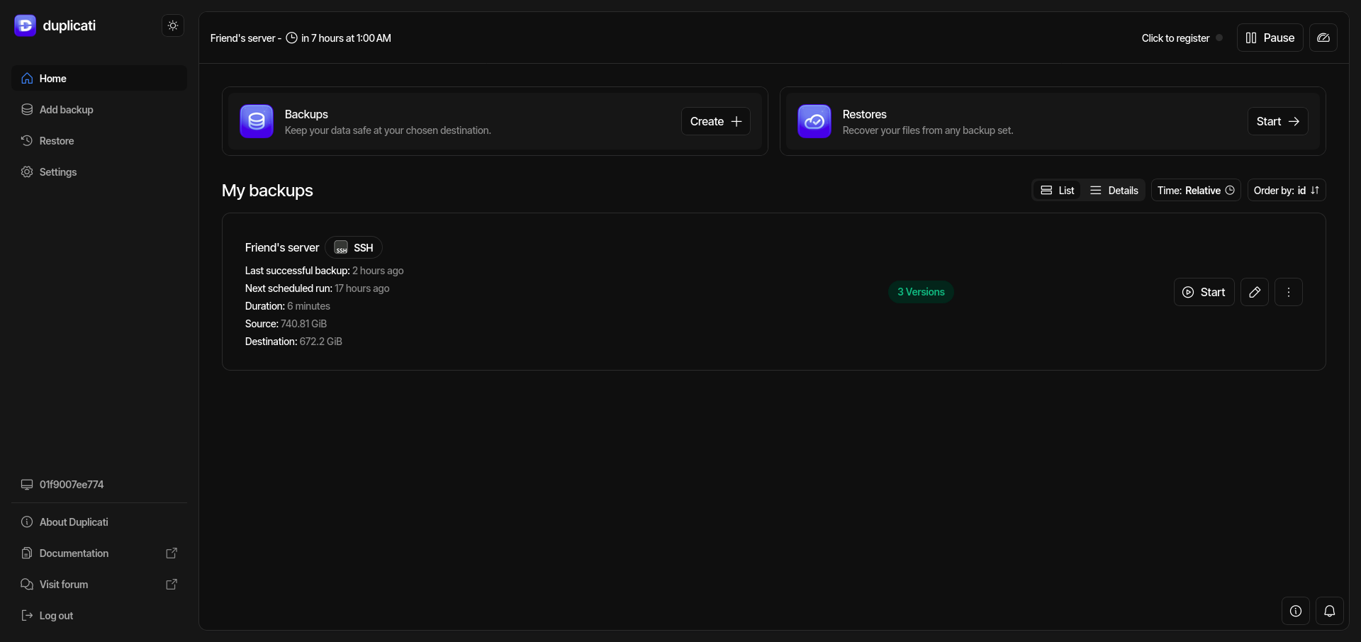 Duplicati dashboard. It shows the backup job, the next scheduled job, and how many copies
