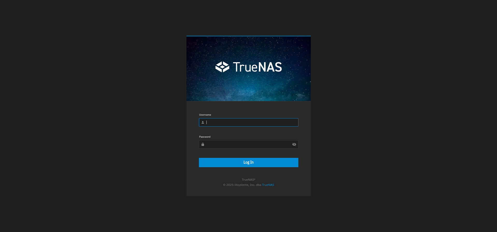 A login page. TrueNAS logo with username and password fields.