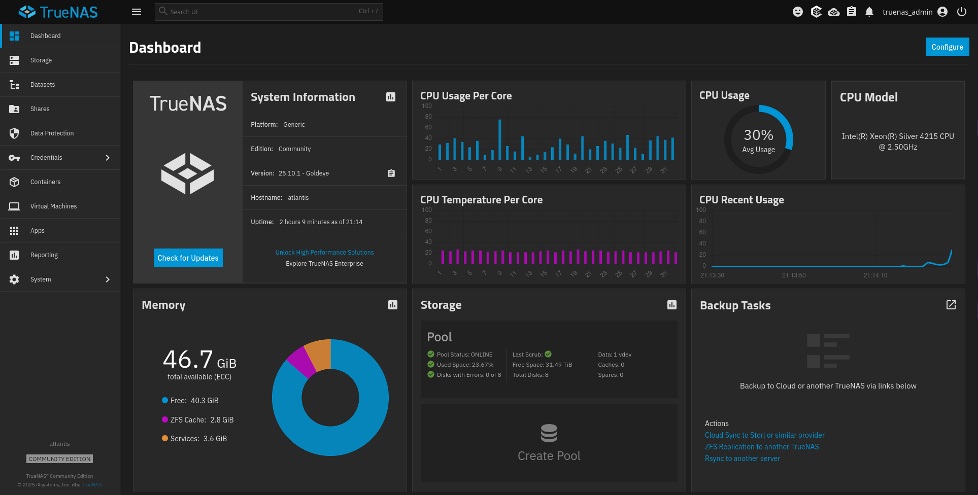TrueNAS dashboard